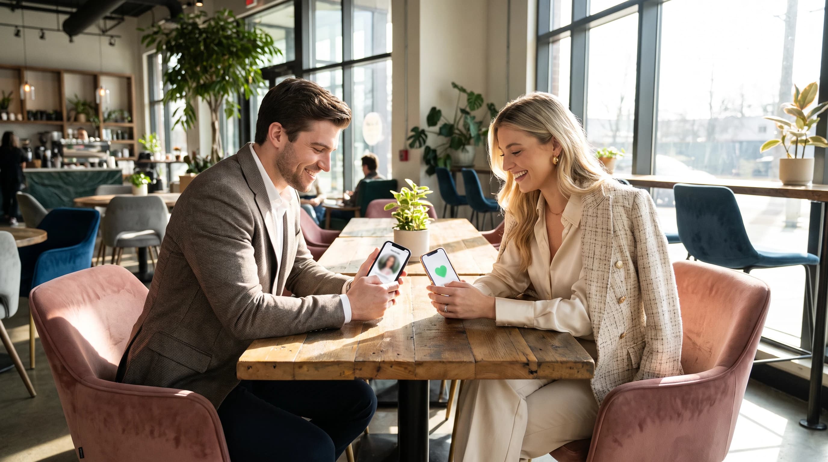Man and woman on a cafe date smiling at their phones after a Hinge-style match