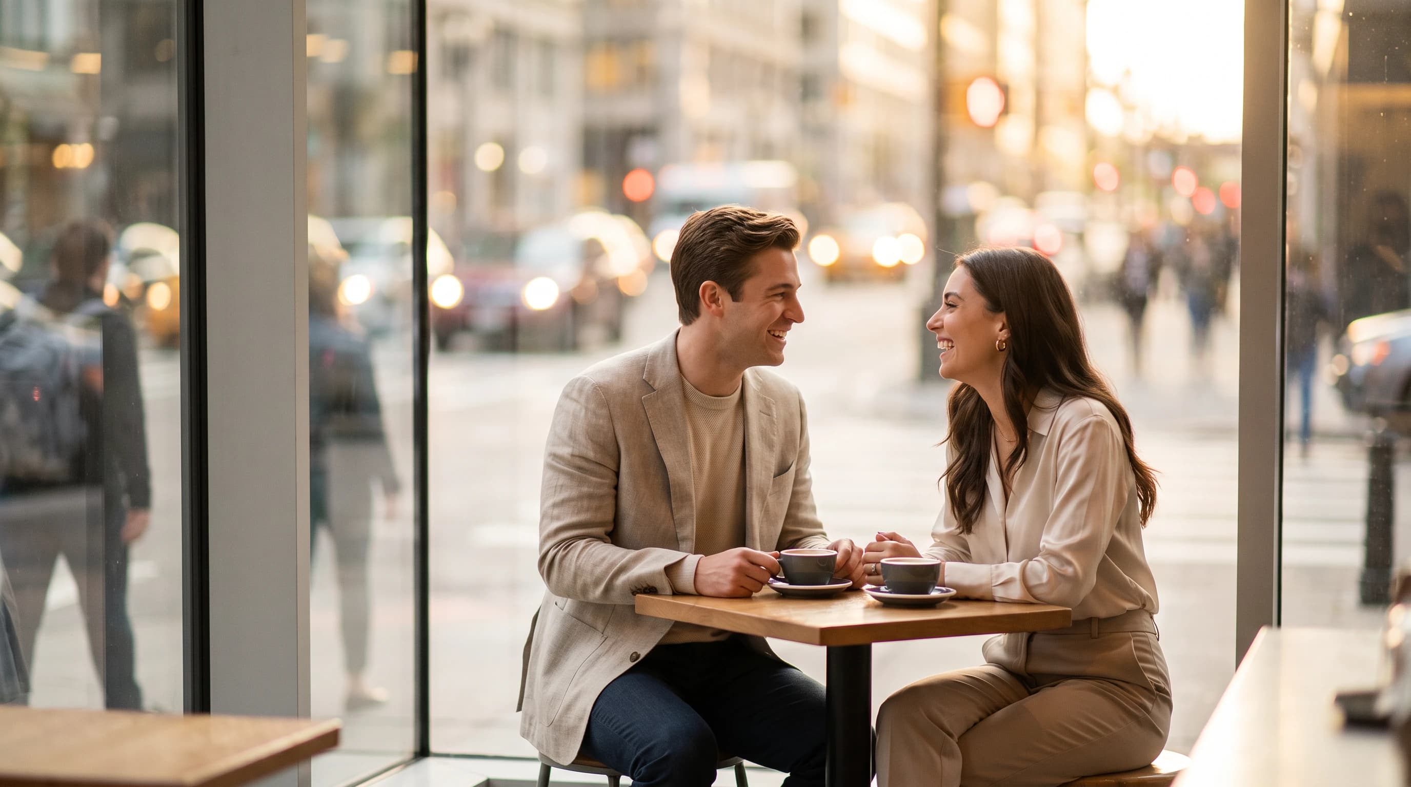Happy couple laughing over coffee on a cafe date, the kind of connection good Hinge prompts can lead to