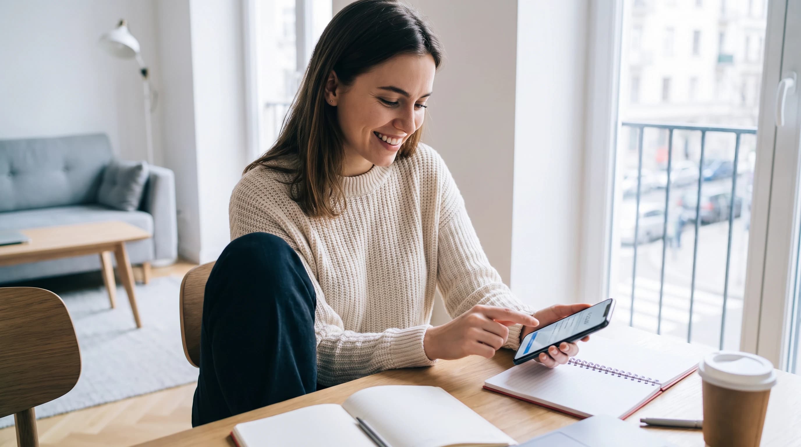 Woman smiling at her phone while writing or reading dating profile prompts at home