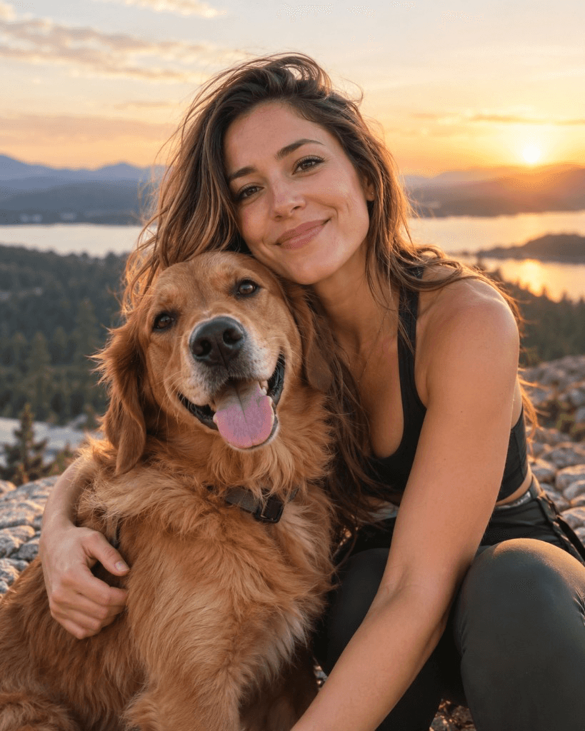 Woman with her golden retriever showing personality in a dating profile photo.