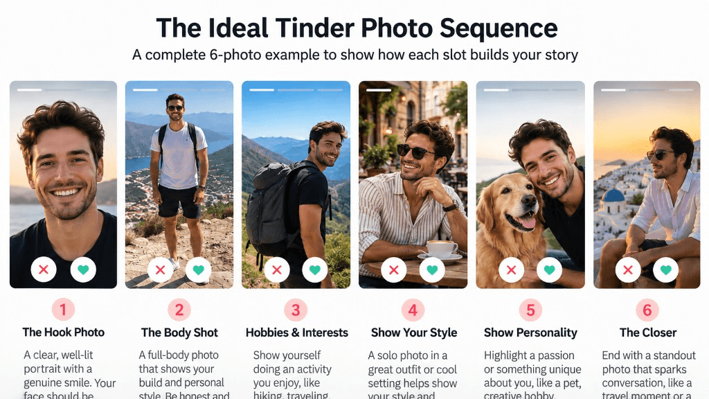 Example of the recommended six-photo Tinder profile sequence, from first portrait to personality photo.