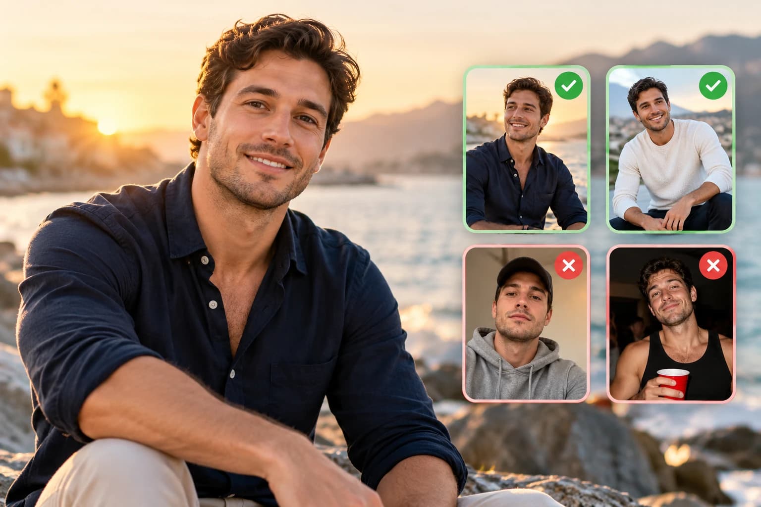 Man in a navy shirt beside four dating profile outfit examples, with fitted shirts marked as stronger choices.
