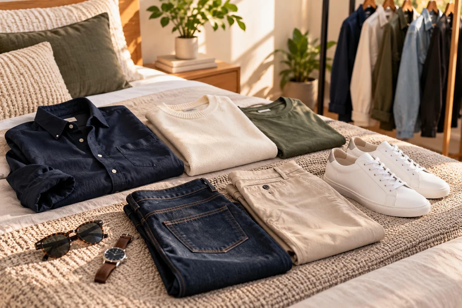 Navy, cream, and olive shirts laid out with jeans, chinos, and white sneakers for a dating profile outfit.