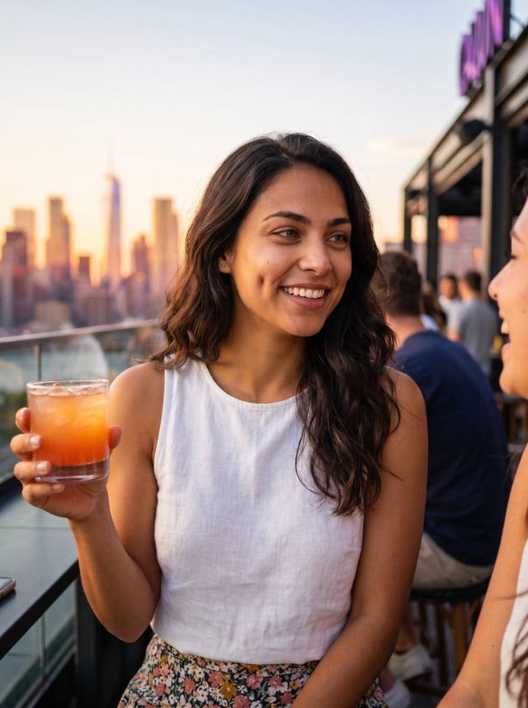 Dating profile photo at a rooftop bar with a warm smile and city skyline