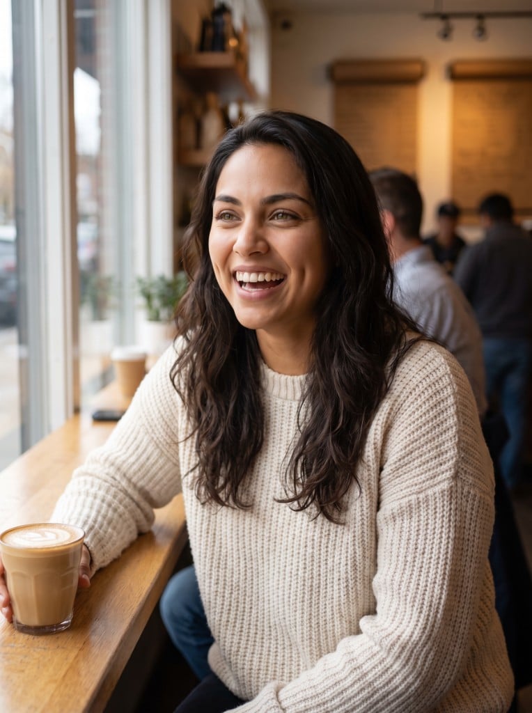 Dating profile photo in a cafe with natural window light