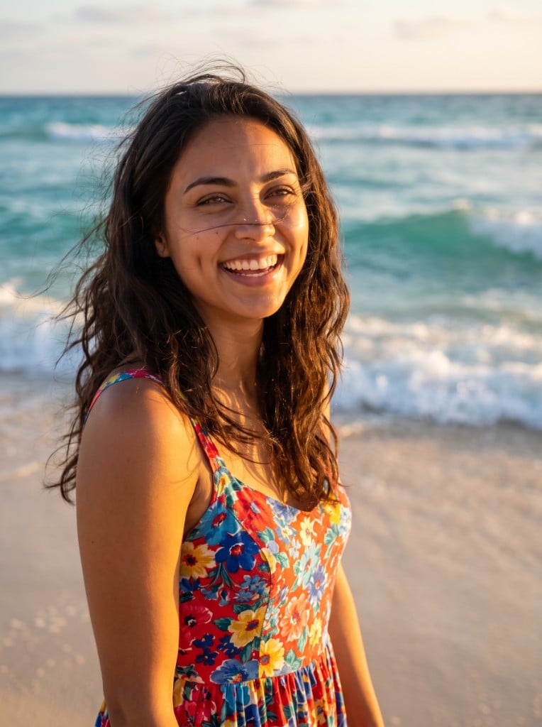 Dating profile photo laughing on a beach at golden hour