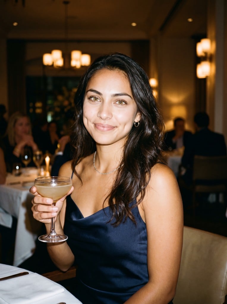 Dating profile photo at an upscale restaurant with cocktail