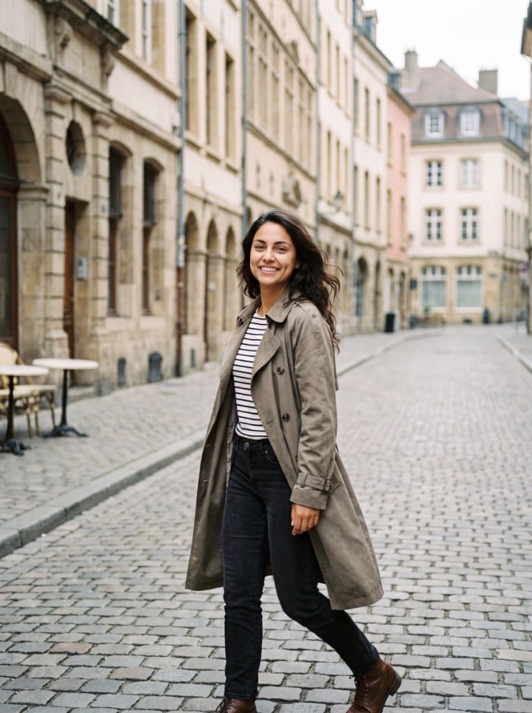Dating profile photo walking on a cobblestone city street