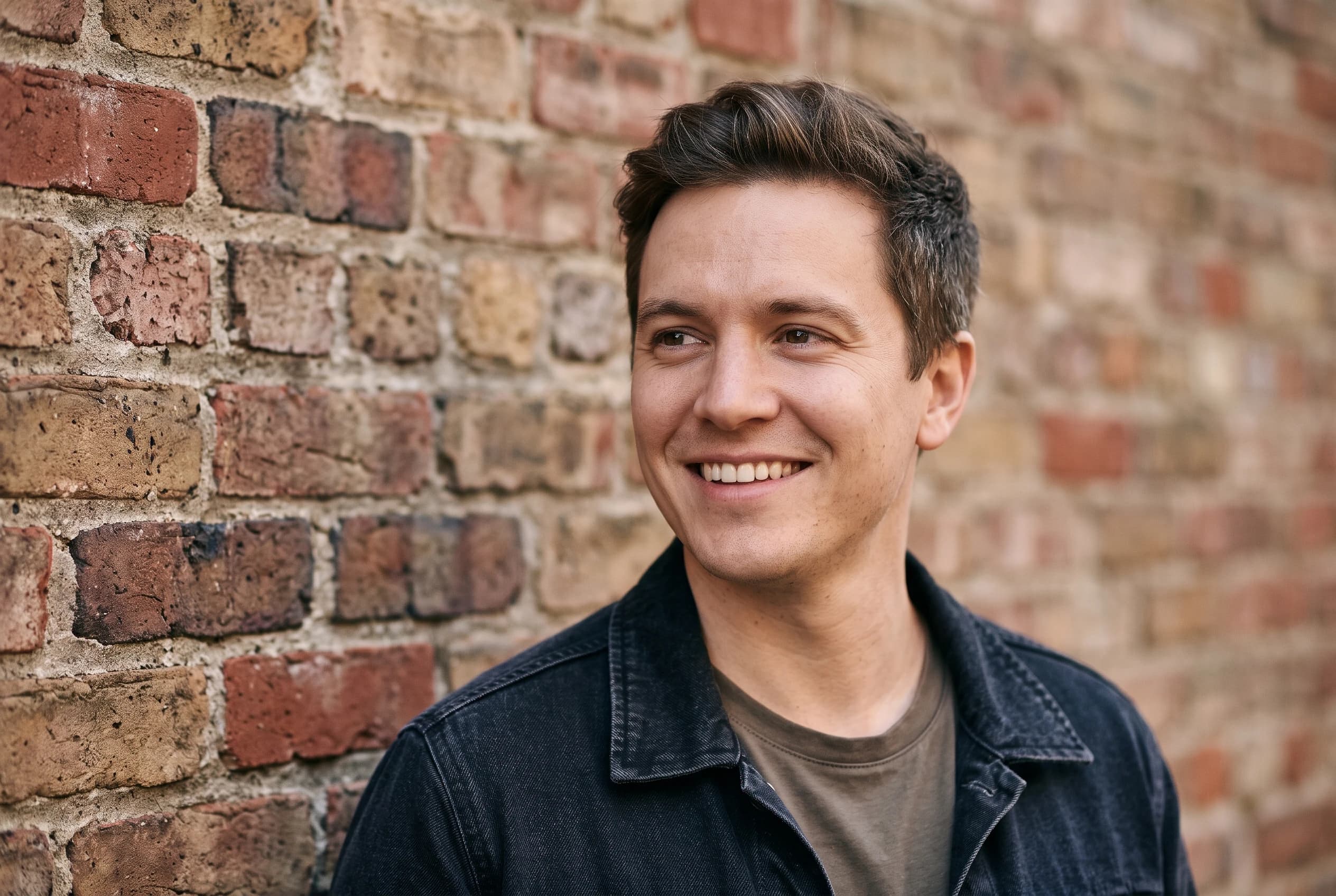 Portrait of an individual against a neutral brick wall.