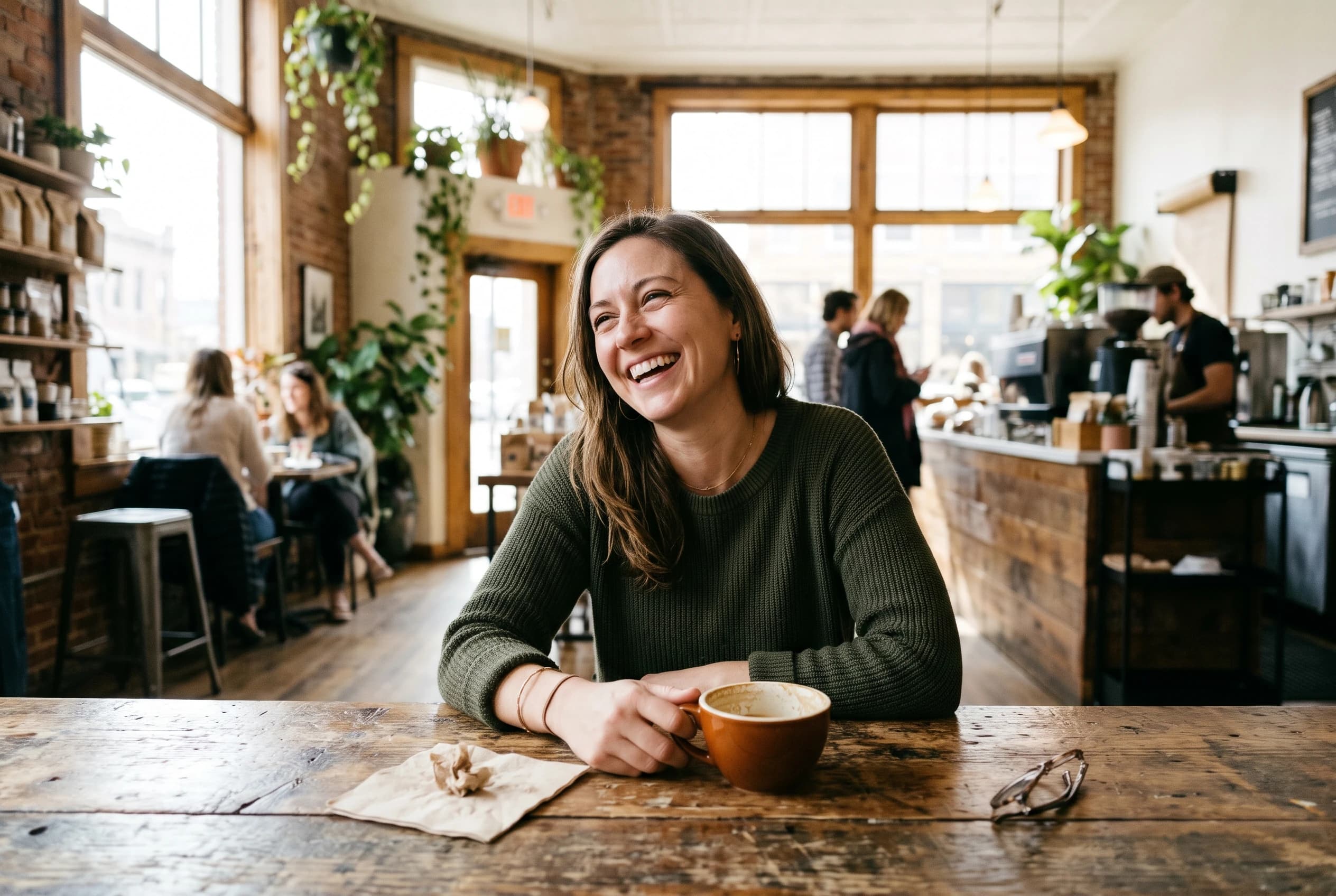 Candid photo of a person at a coffee shop table.
