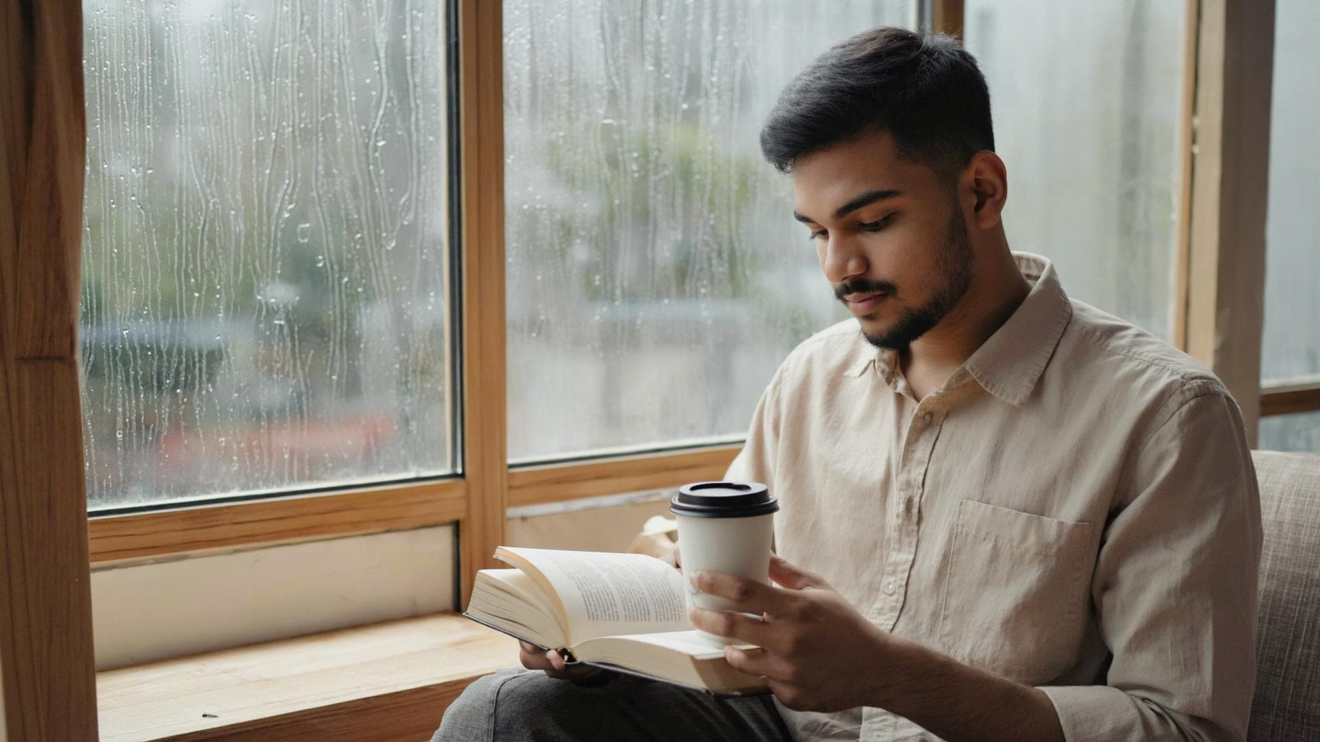 Young man reading a book with coffee by a rain-streaked window, a calm lifestyle photo for a dating profile