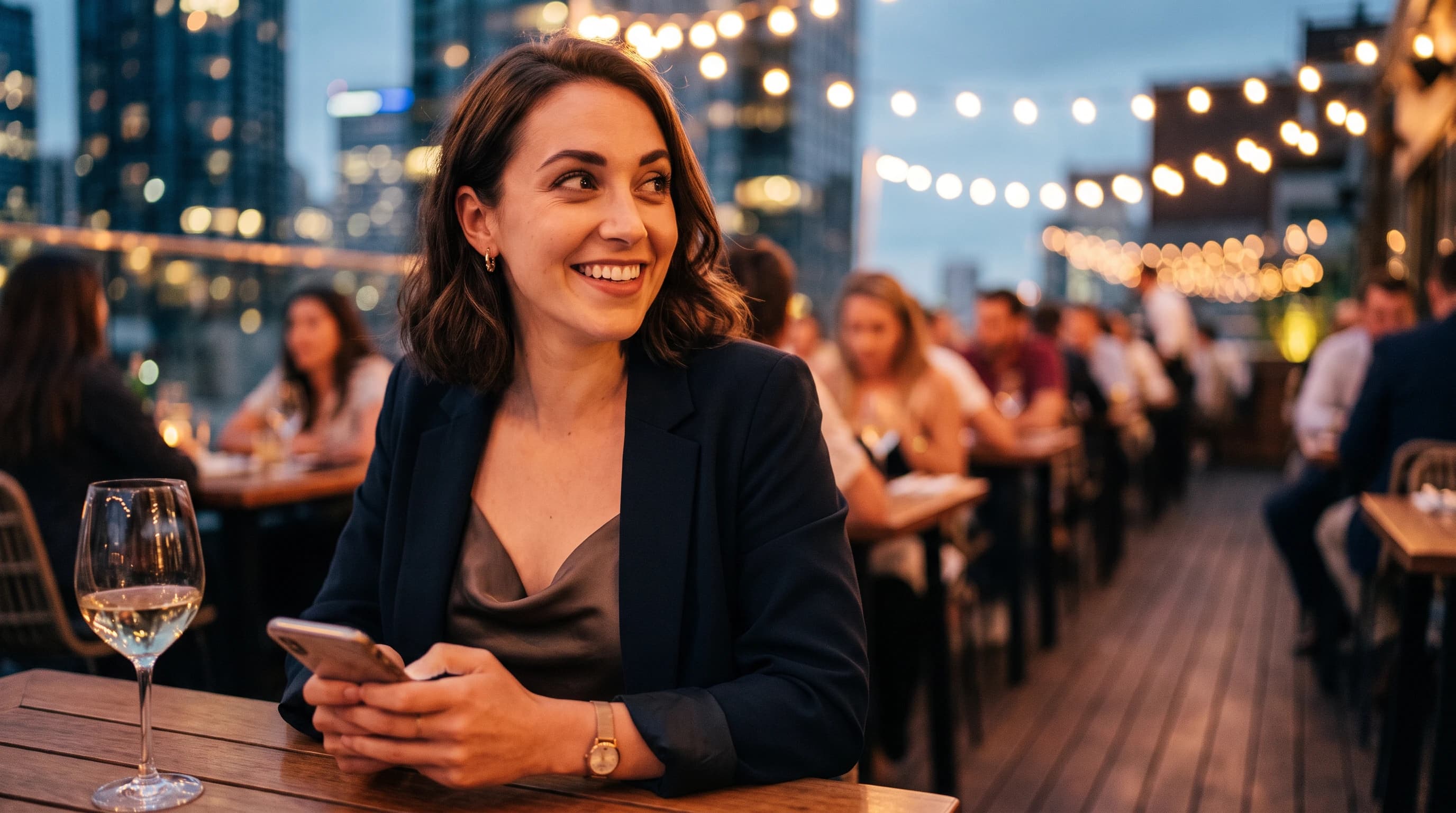 Woman smiling at a rooftop bar in the evening with a glass of wine