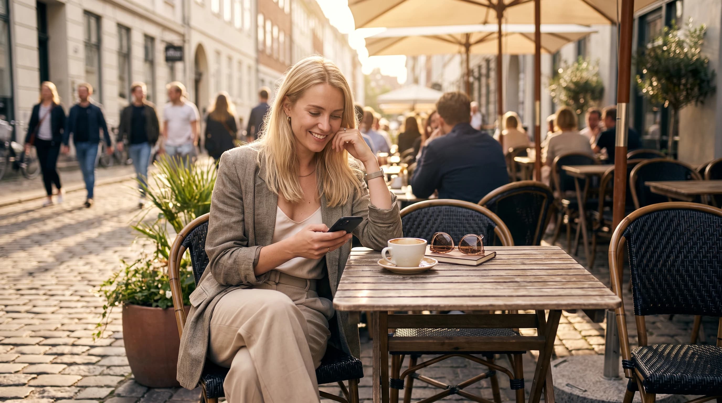 Woman reviewing her dating profile at an outdoor café