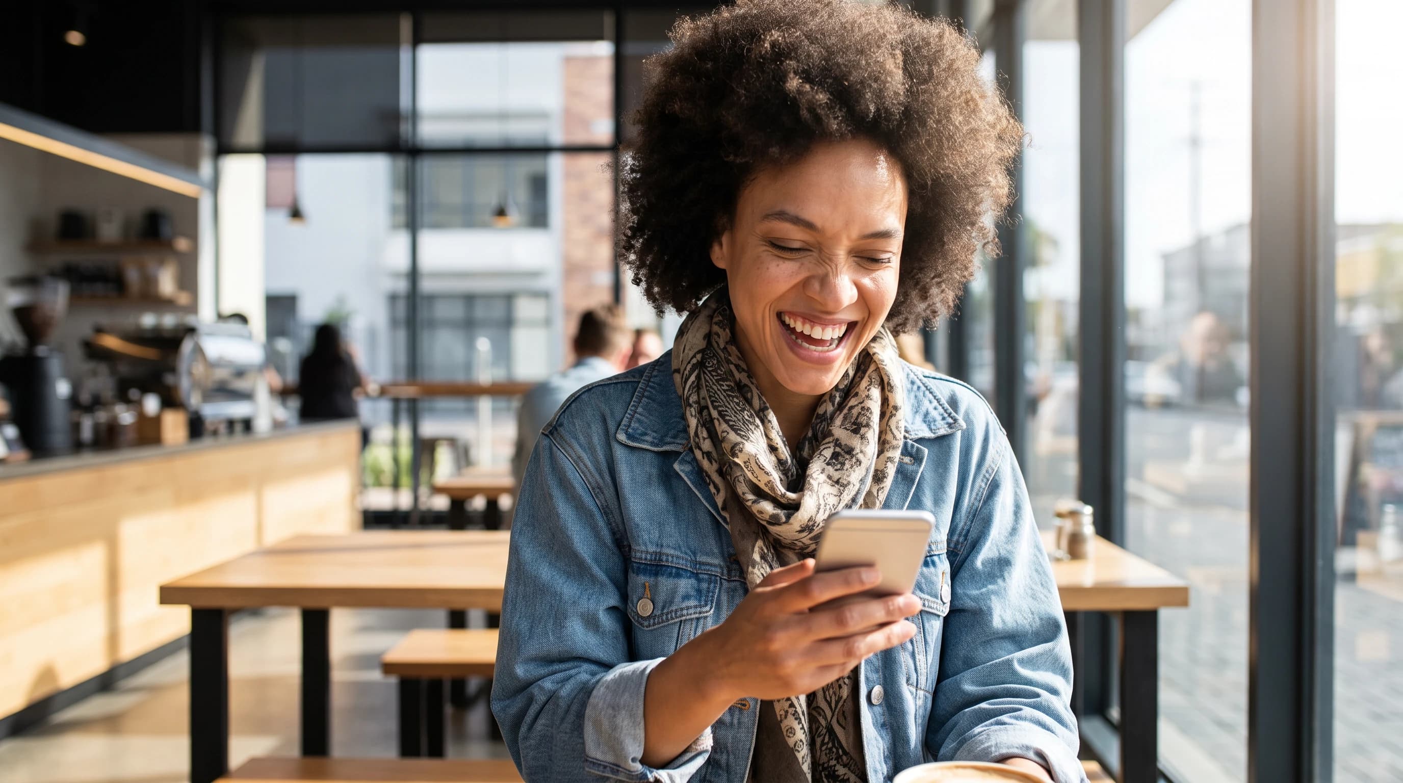 Woman laughing while texting on her phone