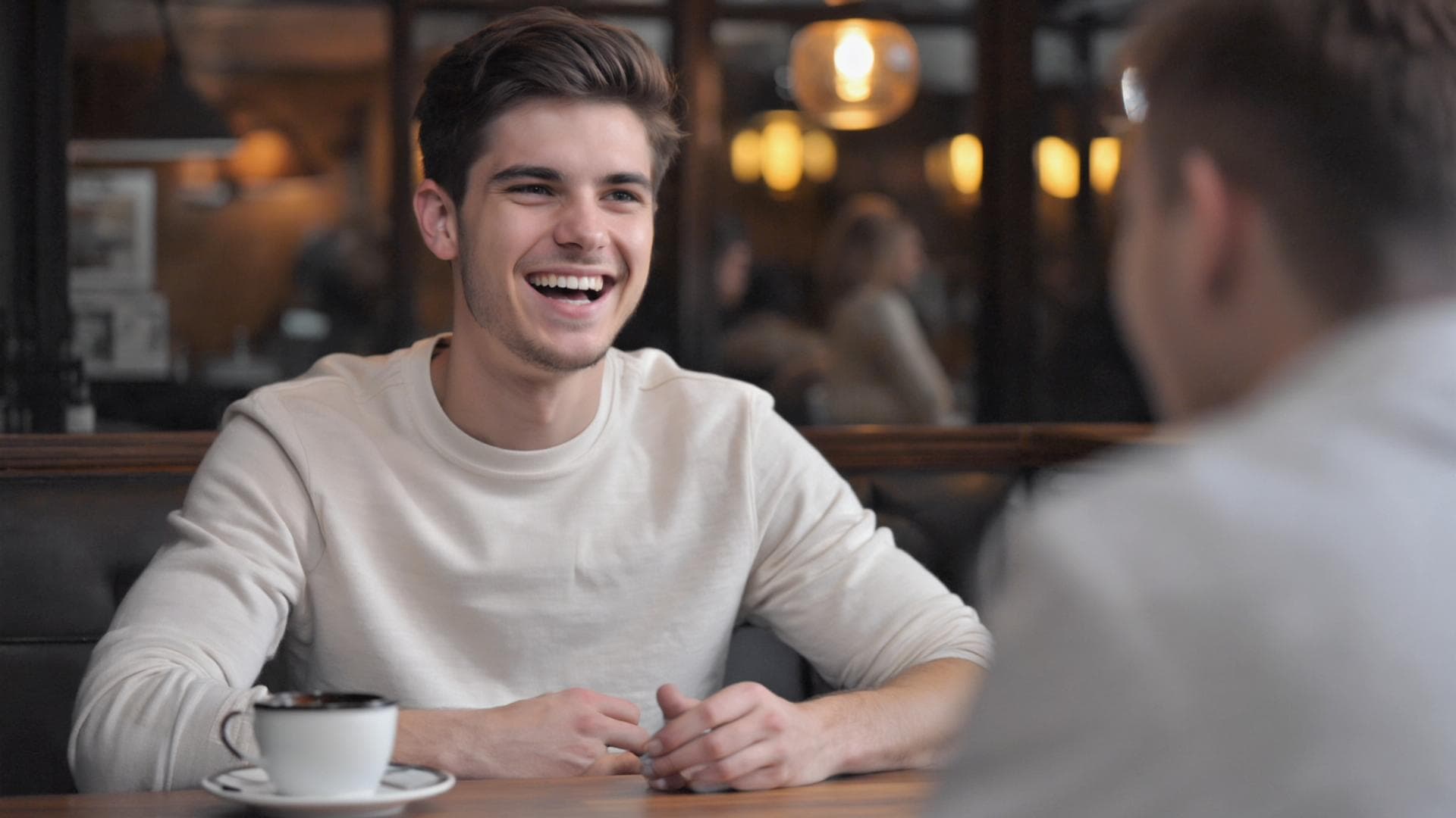 Handsome young man laughing naturally during a coffee date in a cafe, demonstrating a strong Hinge profile photo