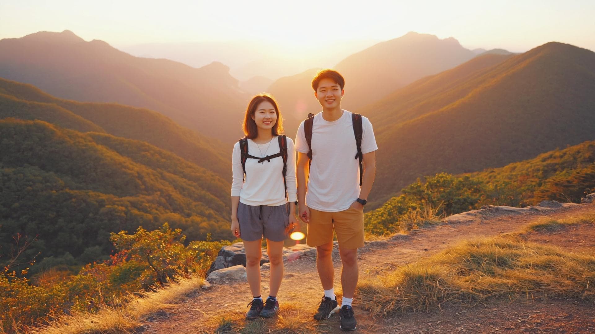 Happy couple hiking at golden hour on a mountain trail, the kind of connection strong Hinge prompts can lead to