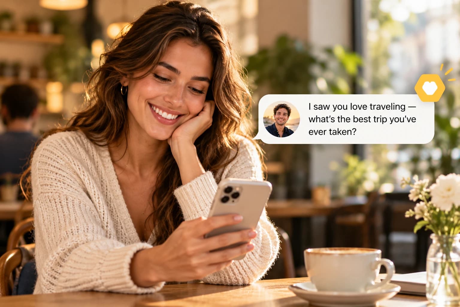 Woman at a cafe smiling at a message that asks about the best trip she has taken.