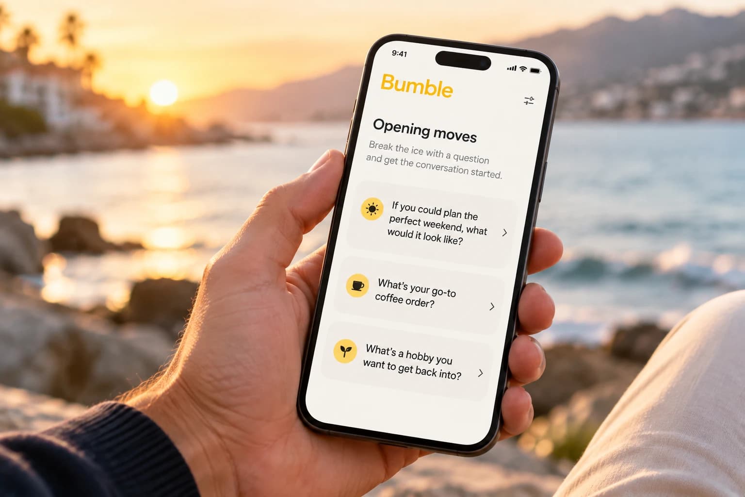 Phone showing three Bumble opening questions about a weekend, a coffee order, and a hobby.