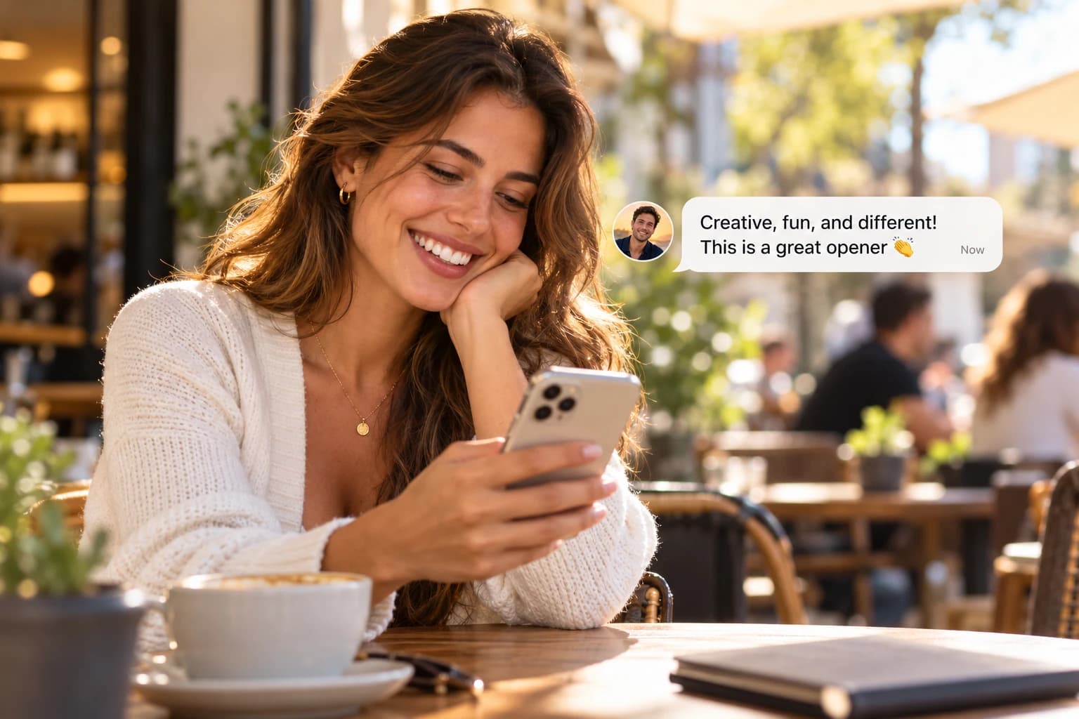 Woman at an outdoor cafe smiling at a reply that calls her opening message creative and fun.