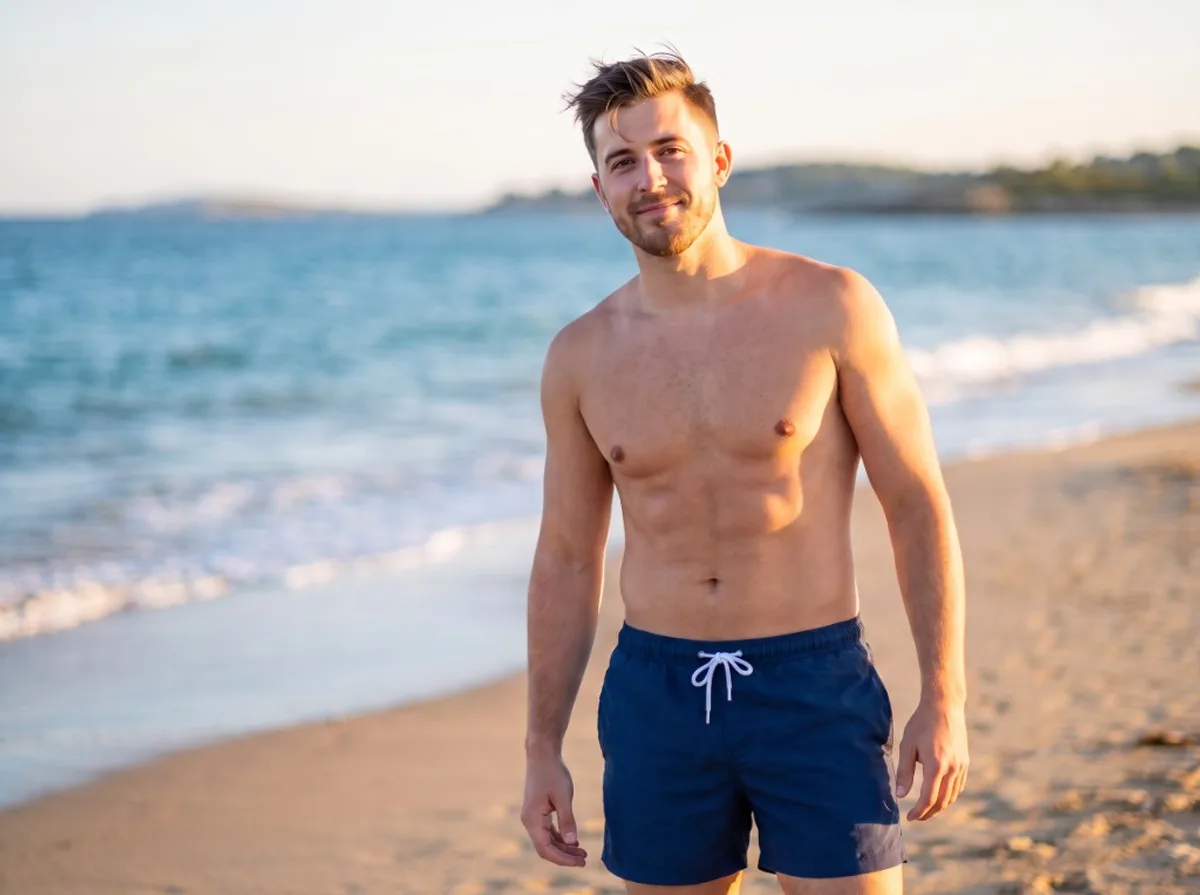 Fit young man in a clear beach photo suitable for a casual dating profile