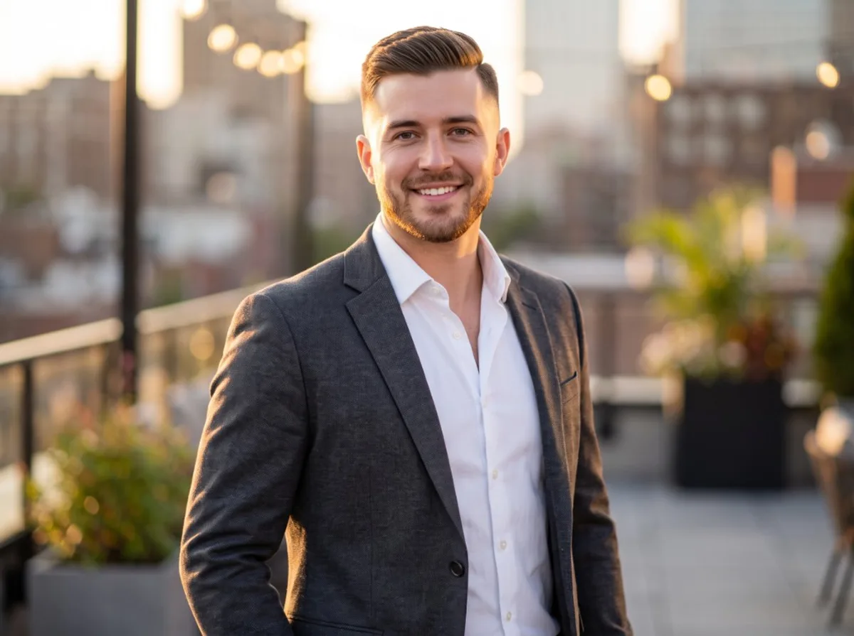 Young man dressed elegantly in a blazer for a marriage-minded dating profile