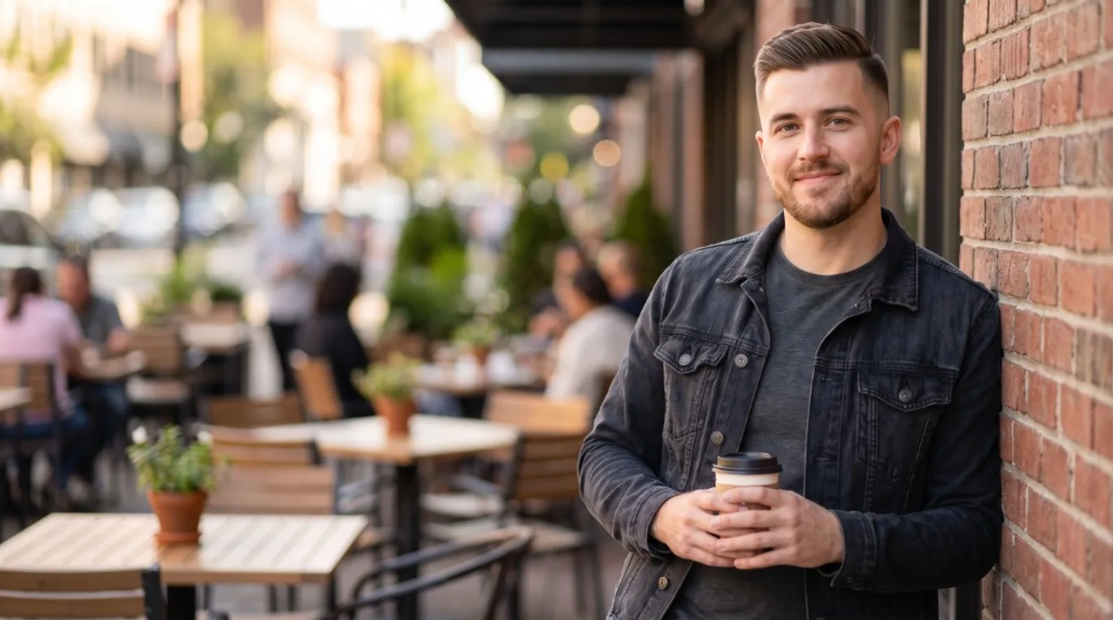 Young man holding coffee in a natural outdoor setting for a dating profile that signals a clear relationship goal