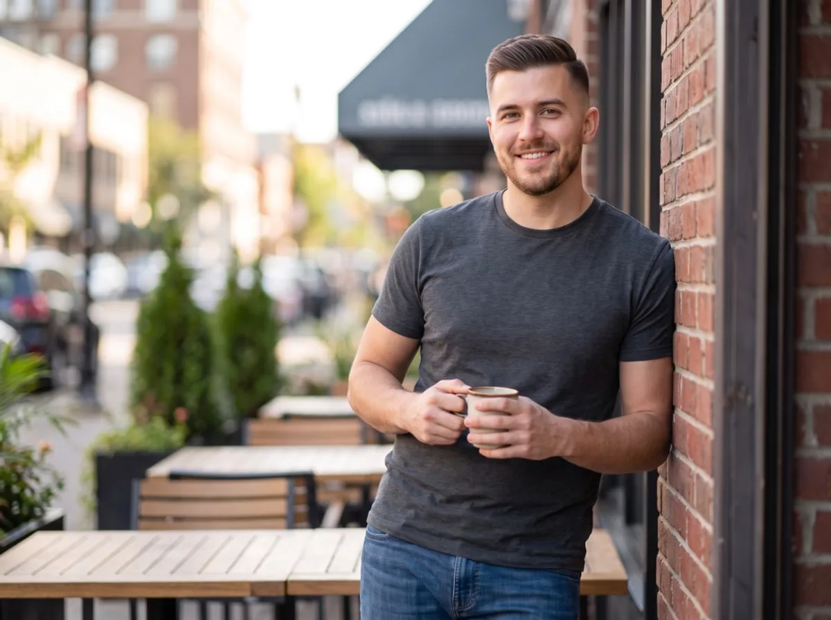 Young man smiling naturally while holding coffee for a serious relationship dating profile