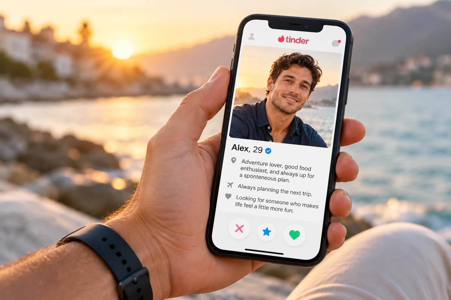 Hand holding a phone with a short Tinder bio about travel, food, and a spontaneous plan.
