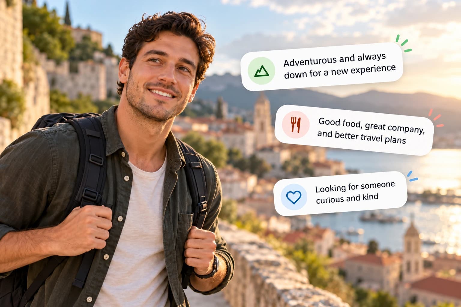 Man with a backpack beside prompts about adventure, food, and looking for someone curious.