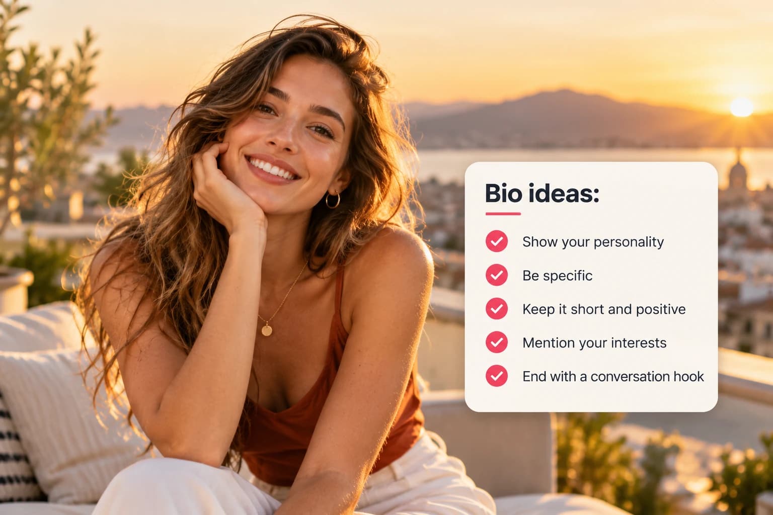 Woman at sunset beside a checklist for a specific, short, and positive dating bio.